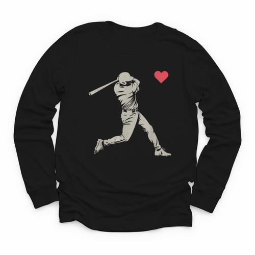 Valentines Day Baseball Batter Silhouette Heart Men Boy Kids Youth Long Sleeve Tee - Sportilla