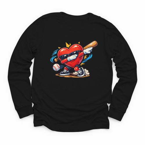 Valentines Day Baseball Dabbing Red Heart Love Boys Youth Long Sleeve Tee - Sportilla