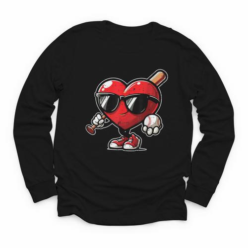 Valentines Day Baseball Heart Bat Sunglasses Men Boys Kids Youth Long Sleeve Tee - Sportilla