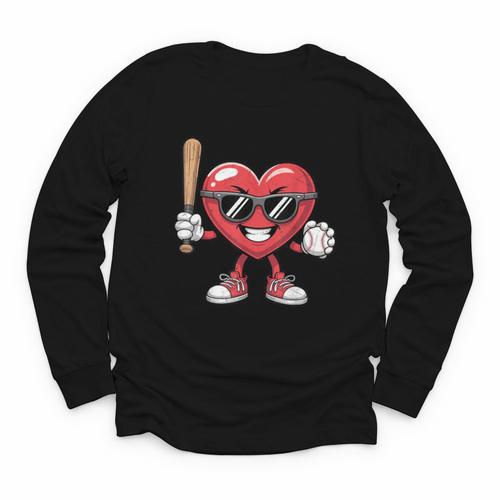 Valentines Day Heart Playing Baseball Boys Men Kids Girls Youth Long Sleeve Tee - Sportilla