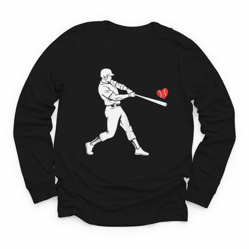 Valentines US Baseball Player Silhouette Heart Youth Long Sleeve Tee - Sportilla