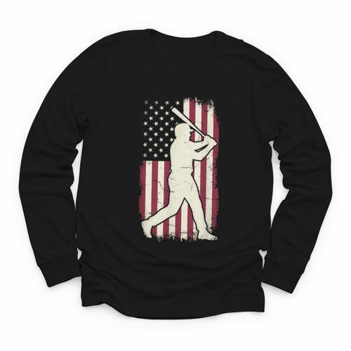 Vintage American Flag Baseball Batter Patriotic Home Run Youth Long Sleeve Tee - Sportilla