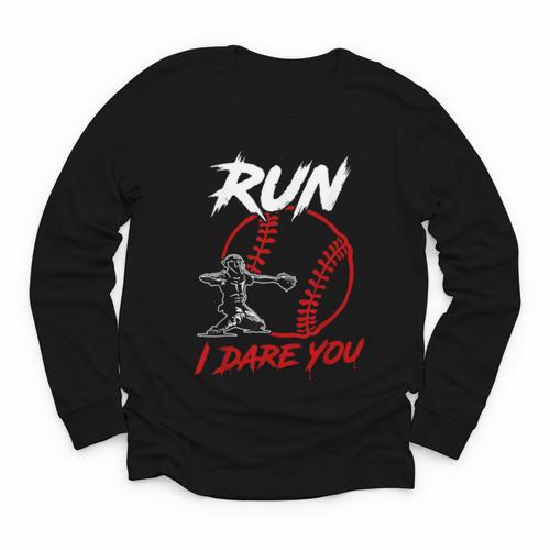 Vintage Baseball Catcher Boys Go Ahead Run I Dare You Youth Long Sleeve Tee - Sportilla
