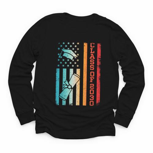 Vintage Class Of 2030 Graduation Back To School USA Flag Youth Long Sleeve Tee - Savourry