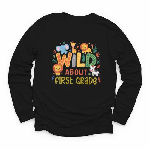 Wild About First Grade Safari Jungle Animals Back To School Youth Long Sleeve Tee - Savourry