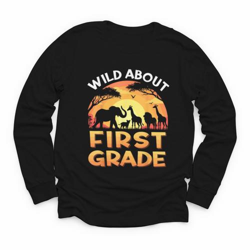Wild About First Grade Zoo Animals Back To School Safari Youth Long Sleeve Tee - Savourry