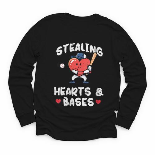Women's Valentines Day Baseball Stealing Hearts Bases Boys Kids Men Youth Long Sleeve Tee - Sportilla