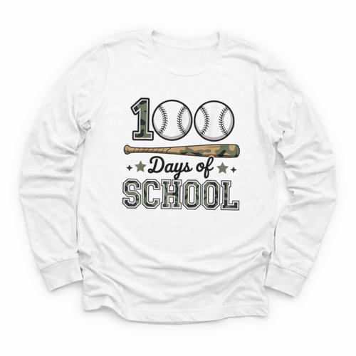 100 Days Of School Baseball Camo Boys School Teacher Youth Long Sleeve Tee - Sportilla