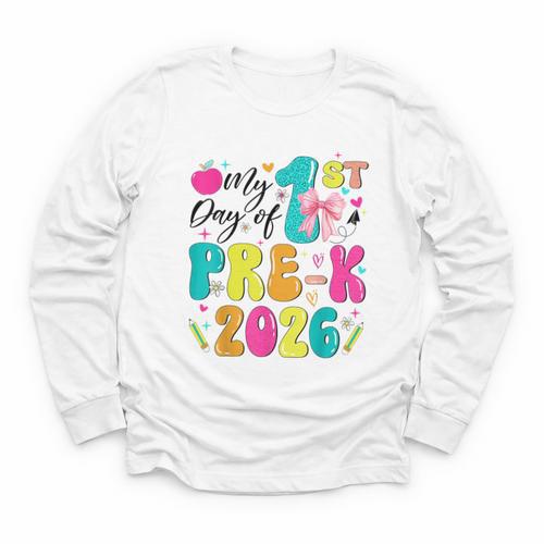 My 1st Day Of Pre-K 2026 Back To School Bow PreK Kids Girls Youth Long Sleeve Tee - Savourry