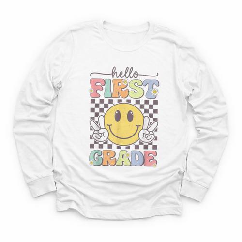 1st Grade Team Back To School Hello First Grade Smile Face Youth Long Sleeve Tee - Savourry