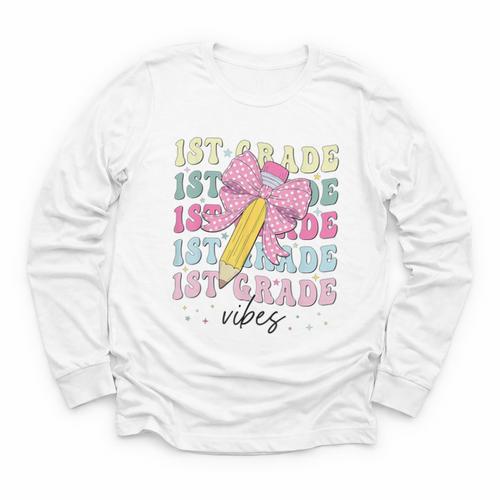 1st Grade Vibes Girl Coquette Bow First Grade Back To School Youth Long Sleeve Tee - Savourry