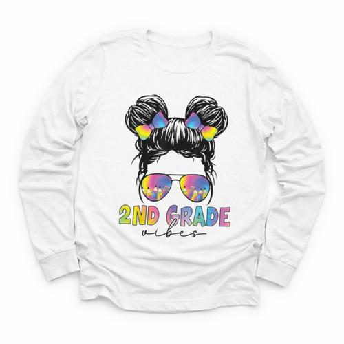 2nd Grade Vibes Messy Hair Bun Girl Back To School First Day Youth Long Sleeve Tee - Savourry