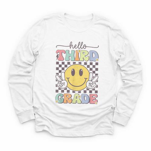 3rd Grade Team Back To School Hello Third Grade Smile Face Youth Long Sleeve Tee - Savourry