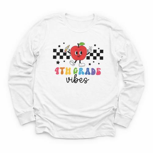 4th Grade Vibes Retro Groovy Apple Back To School Youth Long Sleeve Tee - Savourry