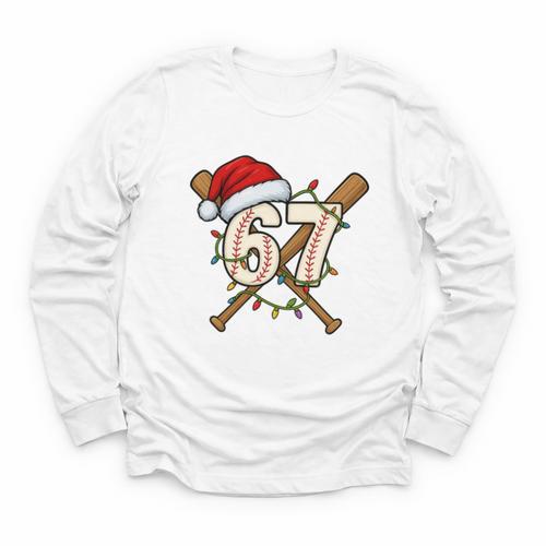 67 Baseball Xmas Lights Santa Hat Holiday Youth Long Sleeve Tee - Sportilla