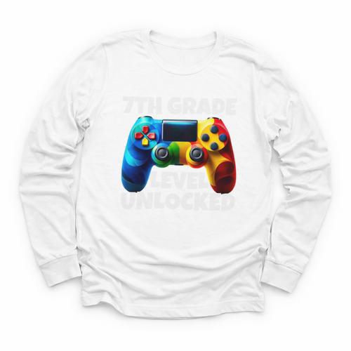 7th Grade Level Unlocked Back To School Gamer Boys Girls Youth Long Sleeve Tee - Savourry