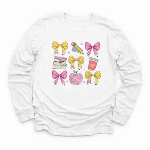 Apple Coquette Bow Books First Day Of School Back To School Youth Long Sleeve Tee - Savourry