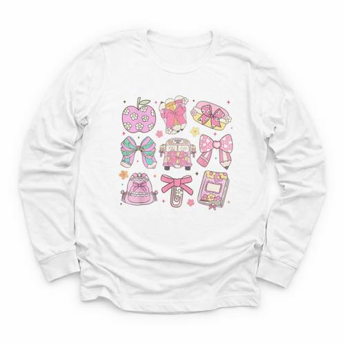 Back To School Coquette Bow Pencil School Students Girls Youth Long Sleeve Tee - Savourry