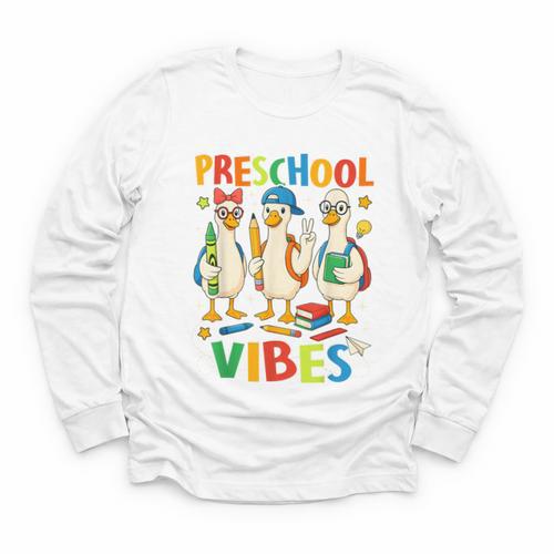 Back To School Cute Goose Preschool Vibes Girls Boys Youth Long Sleeve Tee - Savourry