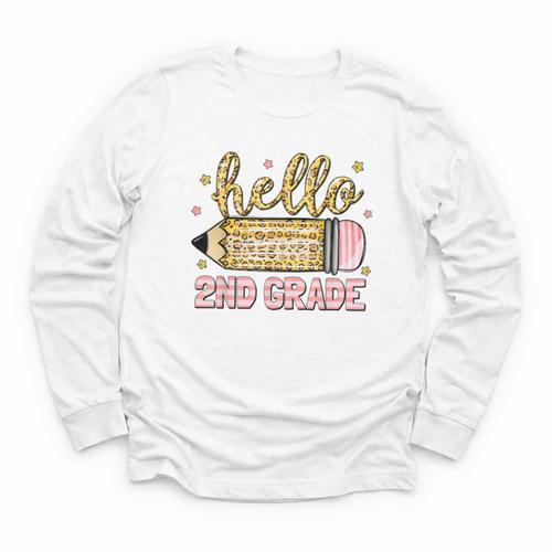 Back To School Hello Second 2nd Grade Leopard Pencil Girl Youth Long Sleeve Tee - Savourry
