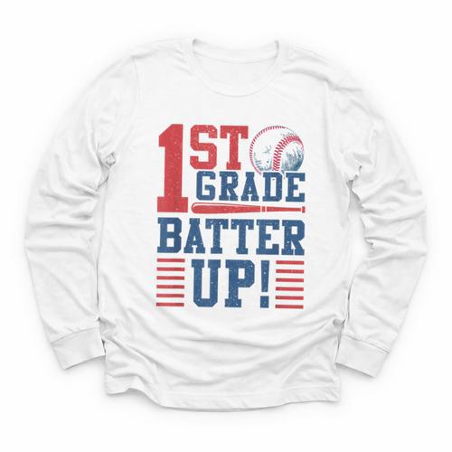 Baseball 1st Grade Back To School 1st Grade Batter Up Youth Long Sleeve Tee - Savourry
