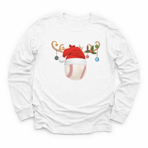 Baseball Christmas Reindeer Santa Hat Sports Player Xmas Youth Long Sleeve Tee - Sportilla