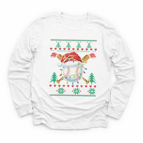 Baseball Christmas Ugly Sweater Santa Sport Men Kids Youth Long Sleeve Tee - Sportilla