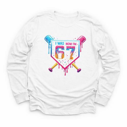 Baseball Drip I Was 6 Now I'm 7 67 Meme 7th Birthday Youth Long Sleeve Tee - Sportilla