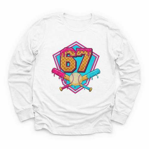 Baseball Drip Jersey Number 67 For Players & 67th Birthday Premium Tri-Blend Youth Long Sleeve Tee - Sportilla