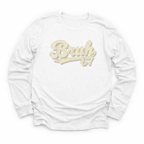 Bruh 67 Baseball Style Meme Slang Sports Number Graphic Youth Long Sleeve Tee - Sportilla