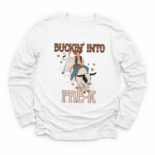 Buckin' Into Pre-K Back To School Cowboy Western Youth Long Sleeve Tee - Savourry
