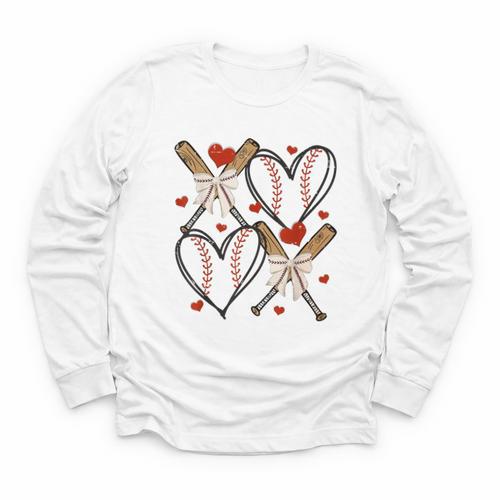 Coquette Bow XOXO Baseball Lover Heart Valentine Game Day Youth Long Sleeve Tee - Sportilla