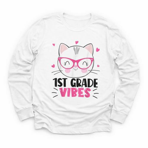 Cute 1st Grade Vibes Cat Kitten Lover Back To School Girls Youth Long Sleeve Tee - Savourry