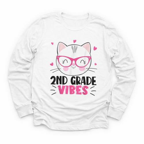 Cute 2nd Grade Vibes Cat Kitten Lover Back To School Girls Youth Long Sleeve Tee - Savourry