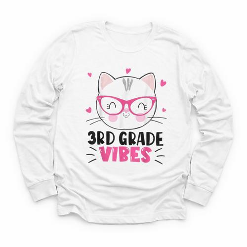 Cute 3rd Grade Vibes Cat Kitten Lover Back To School Girls Youth Long Sleeve Tee - Savourry