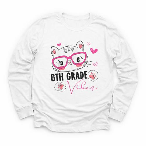 Cute 6th Grade Vibes Cat Kitten Lover Back To School Girls Youth Long Sleeve Tee - Savourry