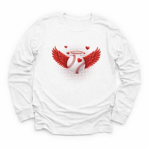 Cute Baseball &Cupid Wings Happy Valentines Boys Men Youth Long Sleeve Tee - Sportilla