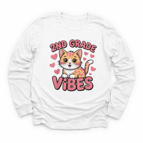 Cute Cat 2nd Grade Vibes Back To School Second Grade Girls Youth Long Sleeve Tee - Savourry