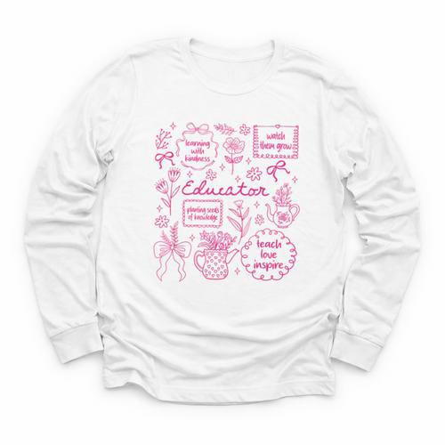Educator Love Inspire Teach Pink Bow Back To School Youth Long Sleeve Tee - Savourry