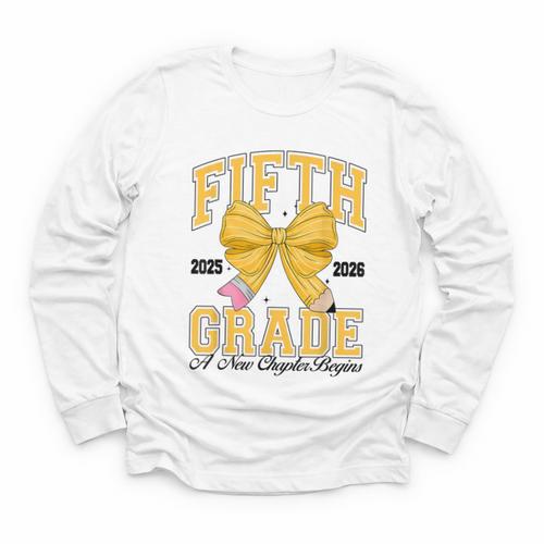 Fifth Grade Back To School First Day Pencil Bow 2025 Girls Youth Long Sleeve Tee - Savourry