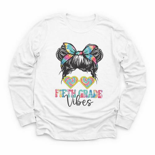 Fifth Grade Vibes Messy Hair Bun Girl Back To School 5th Youth Long Sleeve Tee - Savourry