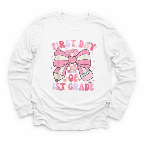 First Day Of 1st Grade Coquette Back To School Girls Kids Youth Long Sleeve Tee - Savourry