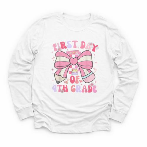 First Day Of 4th Grade Coquette Back To School Girls Kids Youth Long Sleeve Tee - Savourry