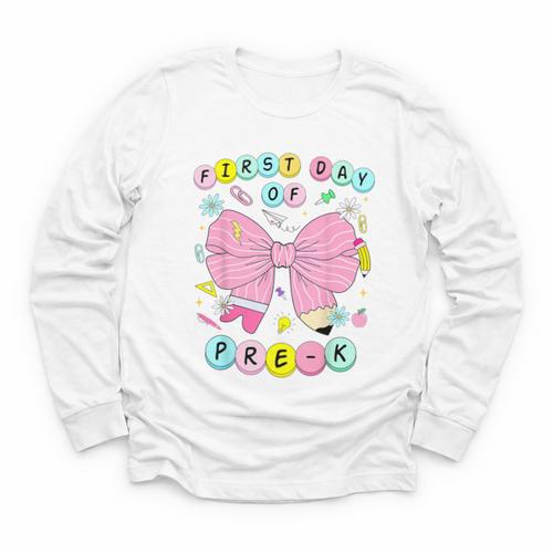 First Day Of Pre-K Girls Coquette Bow Back To School Kids Youth Long Sleeve Tee - Savourry