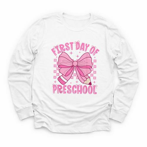 First Day Of Preschool Coquette Bow Back To School Girls Youth Long Sleeve Tee - Savourry
