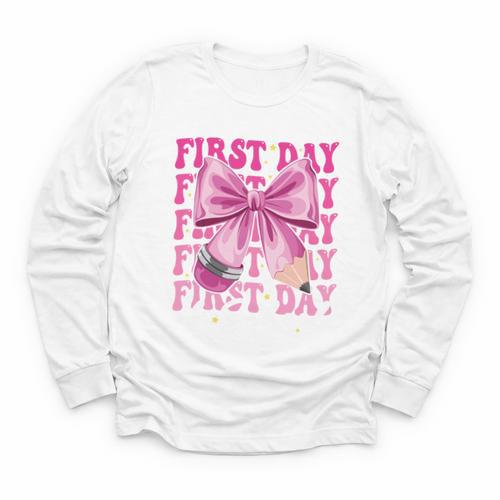 First Day Of School Girls Coquette Bow Back To School Performance Youth Long Sleeve Tee - Savourry