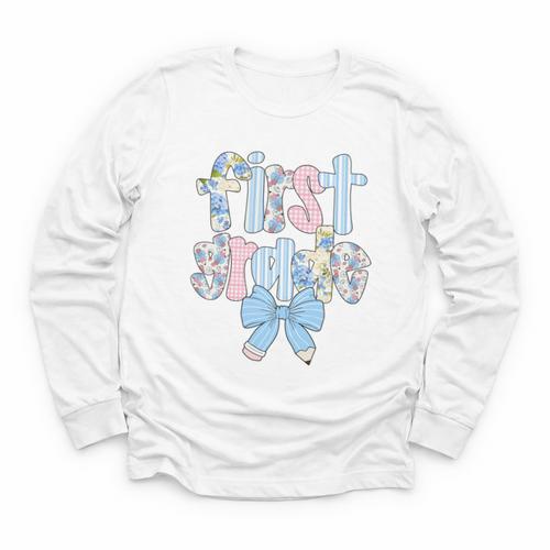 First Grade Coquette Bow Pencil First Day Back To School Performance Youth Long Sleeve Tee - Savourry
