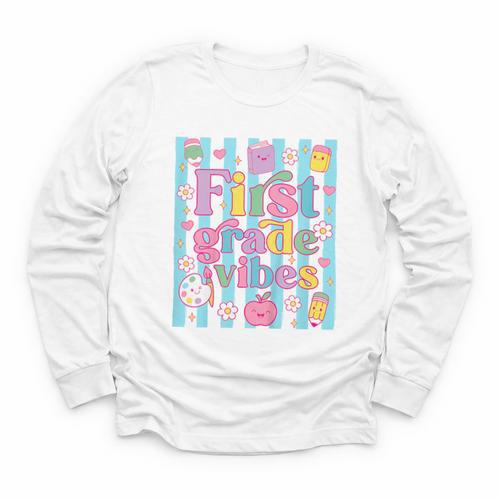 First Grade Vibes Cute Groovy Back To School 1st Grade Girls Youth Long Sleeve Tee - Savourry