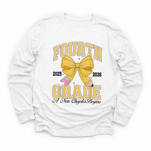 Fourth Grade Back To School First Day Pencil Bow 2025 Girls Youth Long Sleeve Tee - Savourry