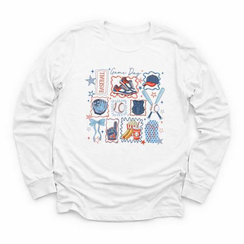 Game Day Baseball Lover Coquette Bow Girl Women Kid Mom Mama Youth Long Sleeve Tee - Sportilla